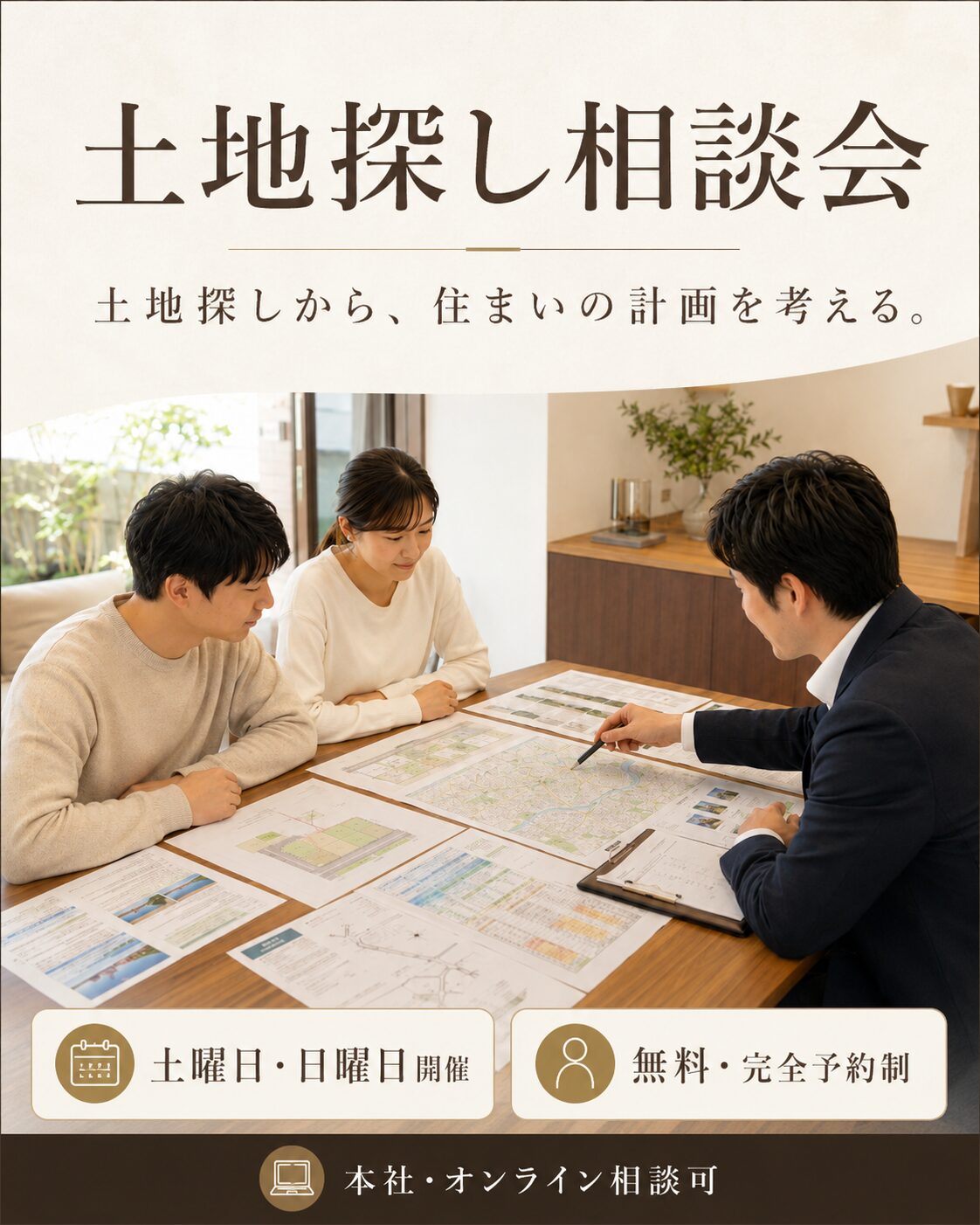 土地探し相談会で、区画図や土地資料をもとに土地・建物・総予算を相談している様子