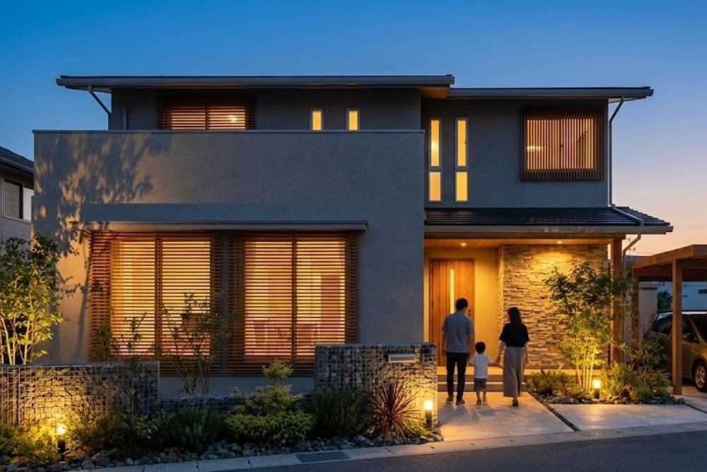 夕暮れ時にライトアップされた注文住宅の外観と、家路につく家族の後ろ姿。植栽の照明が美しく、防犯性とデザイン性を兼ね備えた外構デザインのイメージ。
