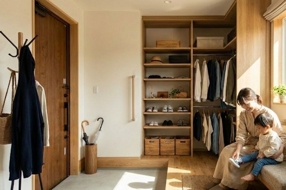 明るい自然光が差し込む玉善の注文住宅の玄関。機能的な木製収納の前で、母親が幼い子供に靴を履かせながらお出かけの準備をしている、共働き家族の日常風景。