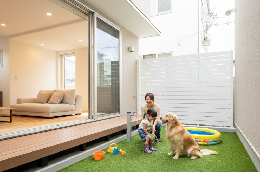 注文住宅の中庭にある人工芝の上で、母親と小さな子供、大型犬が水栓を使って楽しく過ごしている様子。リビングとフラットにつながるウッドデッキがあるプライベートガーデン。