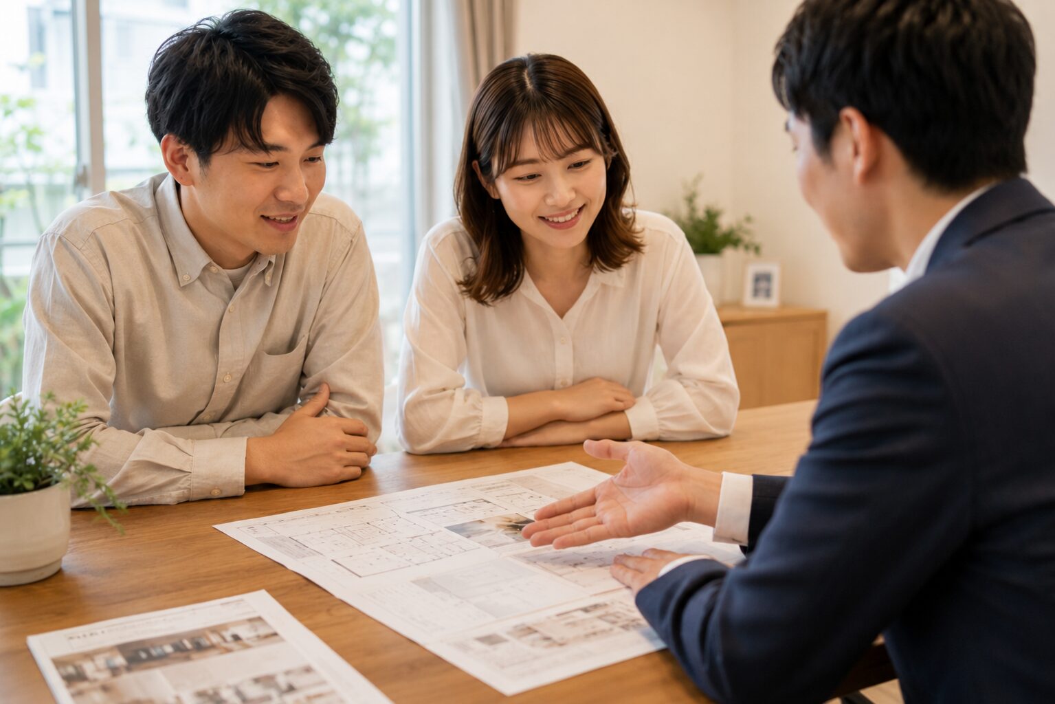 図面を見ながら家づくりについて相談している様子