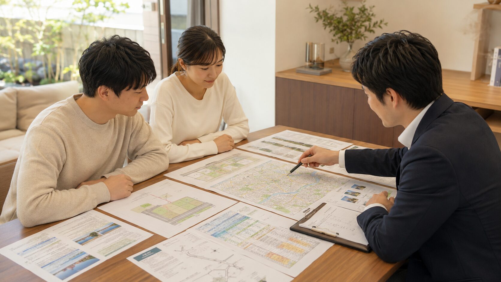 土地探し相談会で区画図や土地資料を見ながら相談している様子