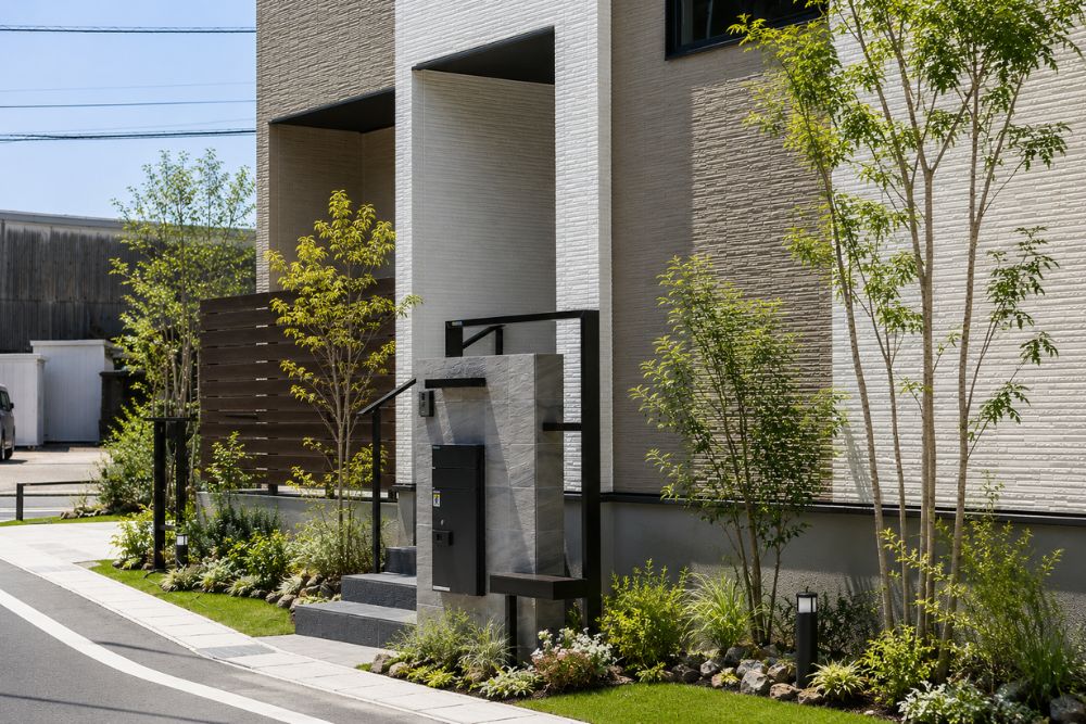 白い外壁の住宅に、門柱と植栽を組み合わせた玄関アプローチが写っている外構デザイン